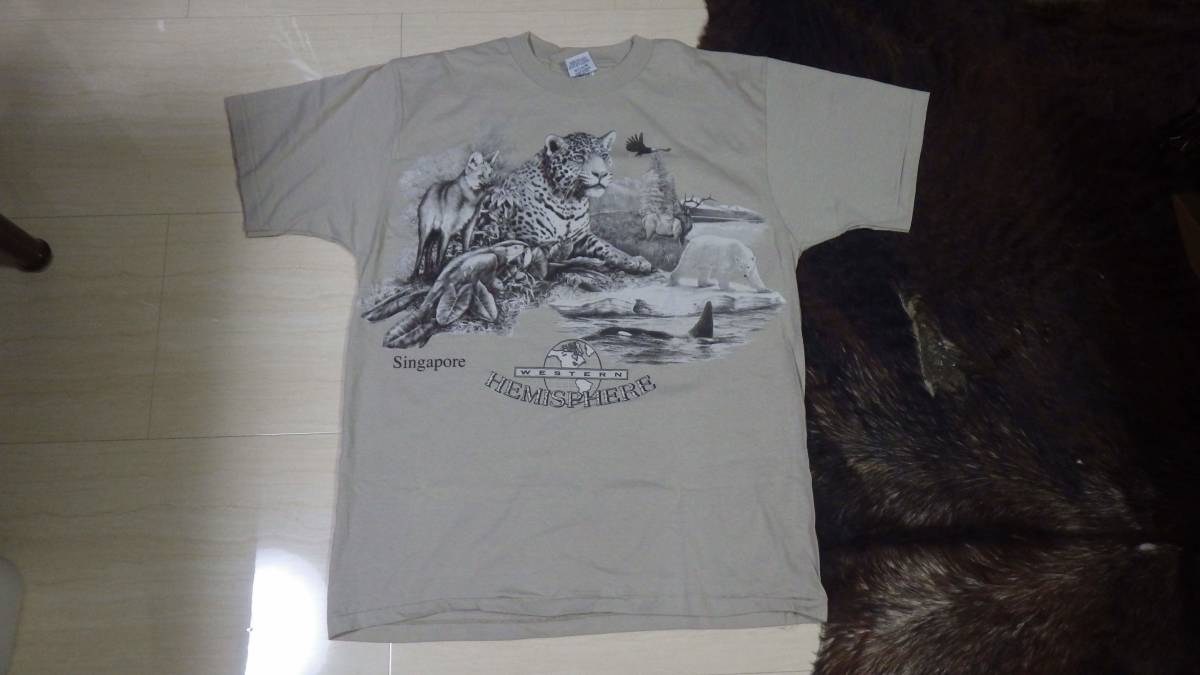 90s アニマルプリント Tシャツ XL ベージュ アメリカ USA製 ビンテージ old オールド animal 動物 シンガポール vintage turner _画像1