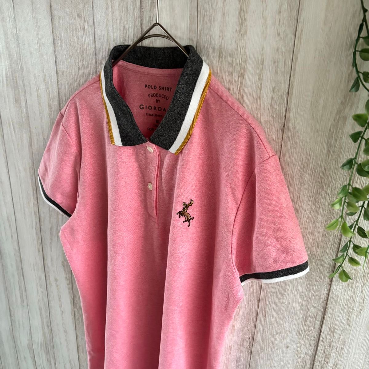 GIORDANO【XL】トナカイ 刺繍 ポロシャツ ストレッチ ピンク