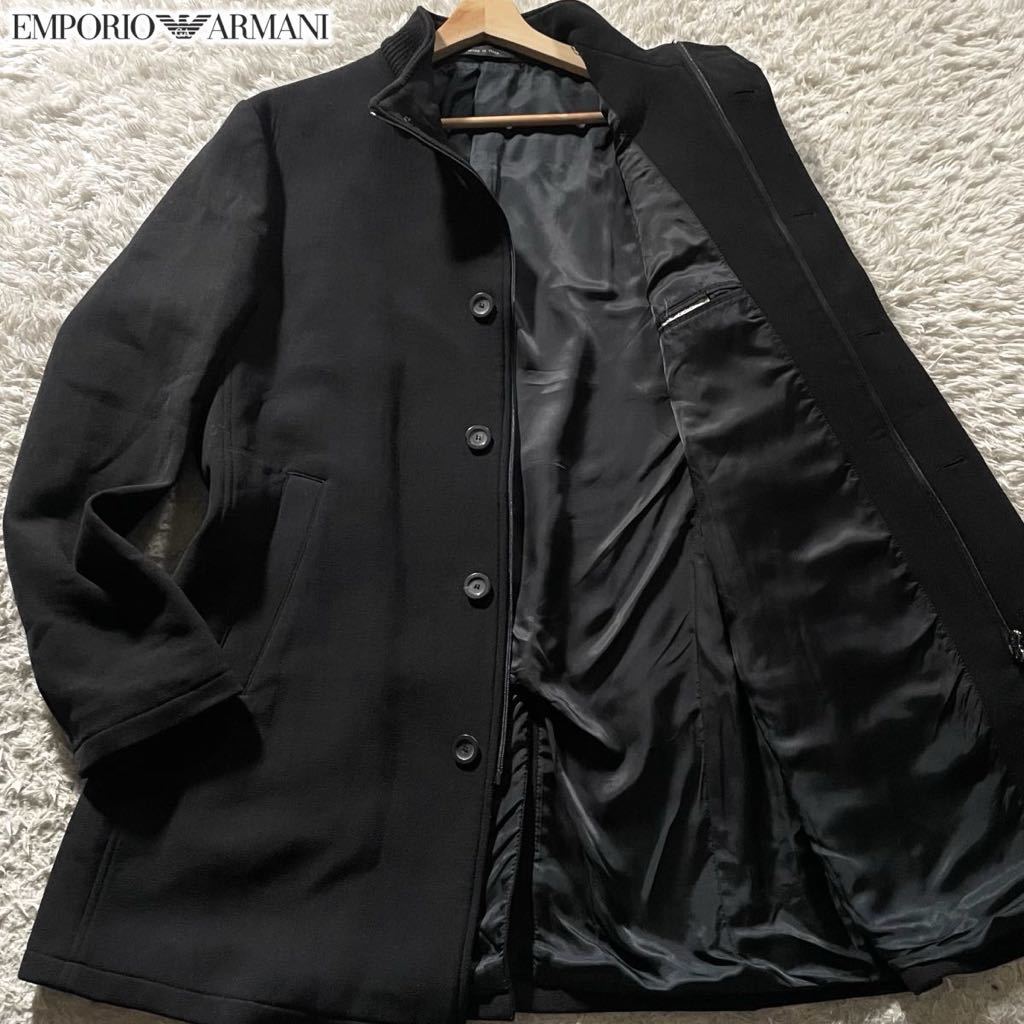 XLサイズ●エンポリオ アルマーニ スタンドカラー コート ジャケット EMPORIO ARMANI ポリエステル×ウール 黒 ブラック イタリア製 52