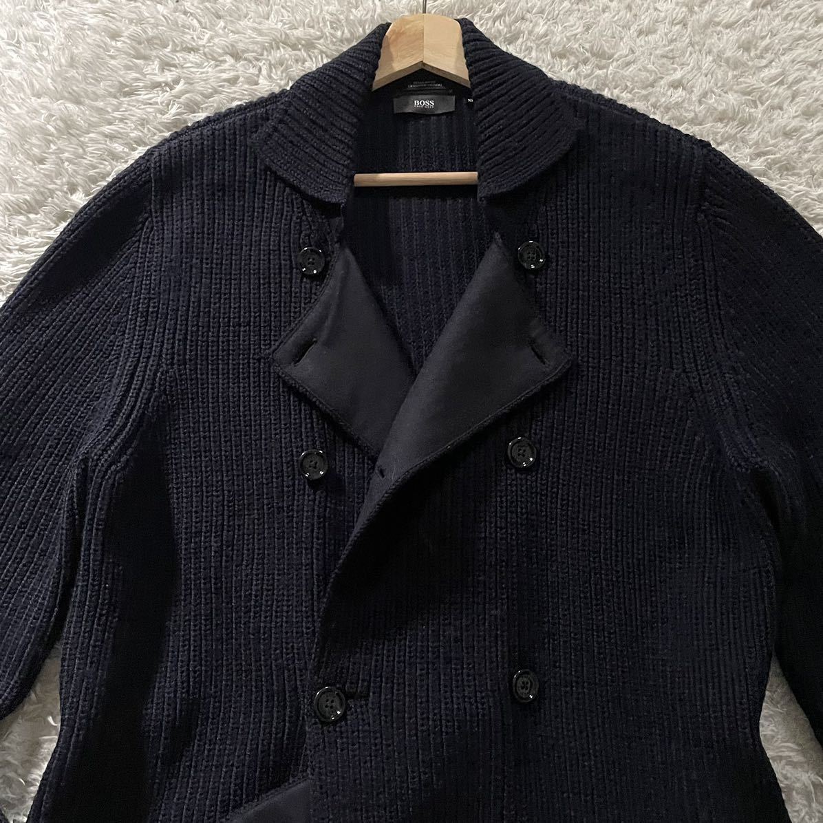 美品/XLサイズ●ヒューゴボス ニット ピーコート ジャケット HUGO BOSS エクストラ メリノウール 最高級 羊毛100% ロゴプレート 大谷翔平_画像3