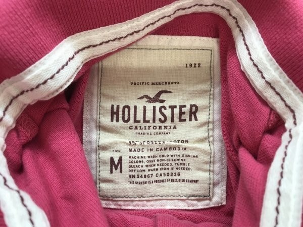 HOLLISTER ホリスター レディース ワンポイント刺繍 七分袖 鹿の子 ポロシャツ M 赤ピンク_画像2