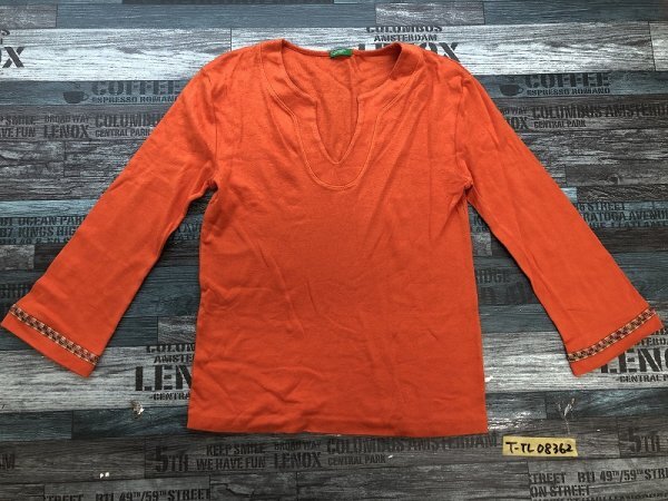 UNITED COLORS OF BENETTON ベネトン レディース イタリア製 綿麻 エスニック ロンT 長袖Tシャツ オレンジ_画像1