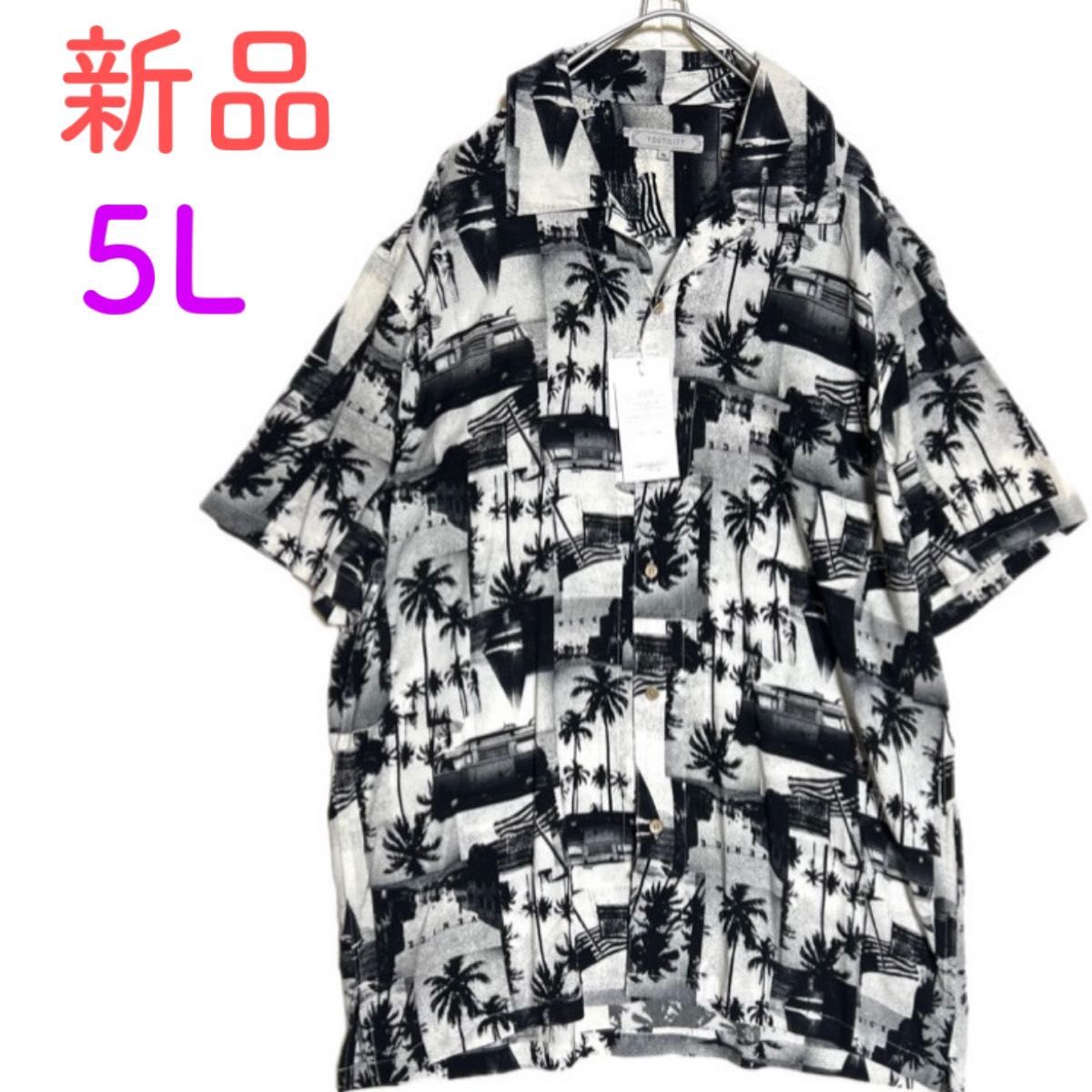 《新品》メンズ　アロハシャツ　開襟シャツ　半袖　シャツ　5L 大きいサイズ　オーバーサイズ　ヤシの木　ブラック　ゆったりサイズ