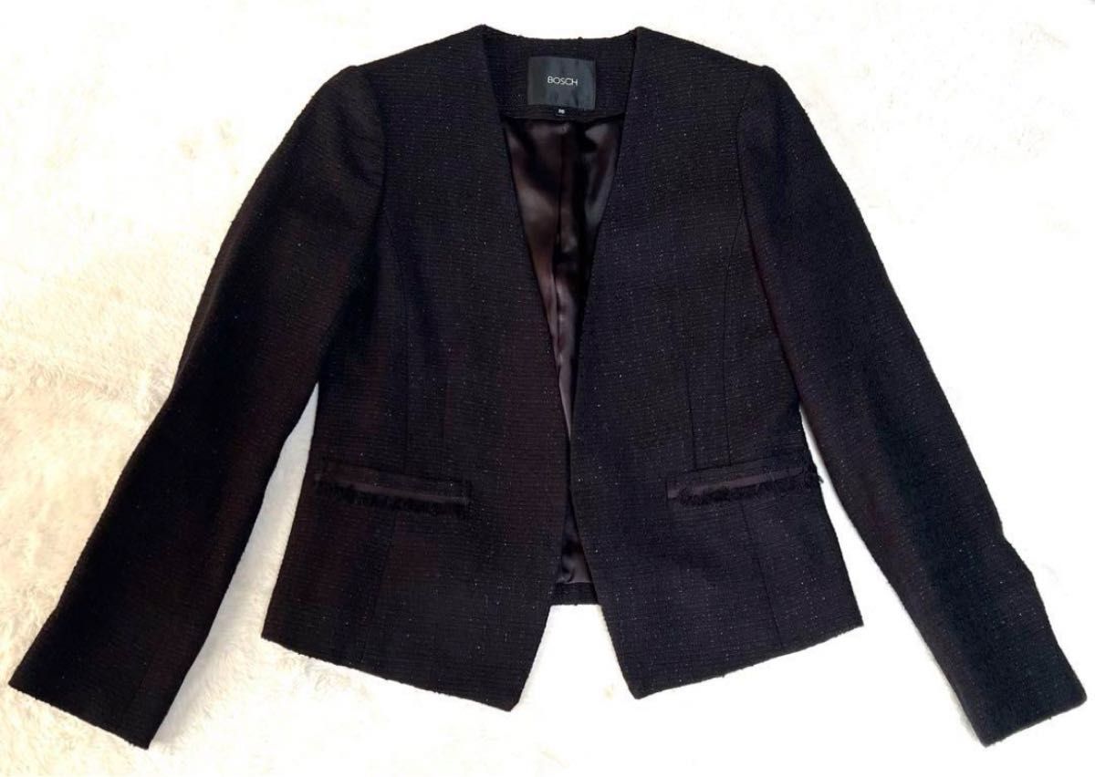 《BOSCH》東京スタイル　ボッシュ　スカートスーツ　ノーカラー　ツイード　黒