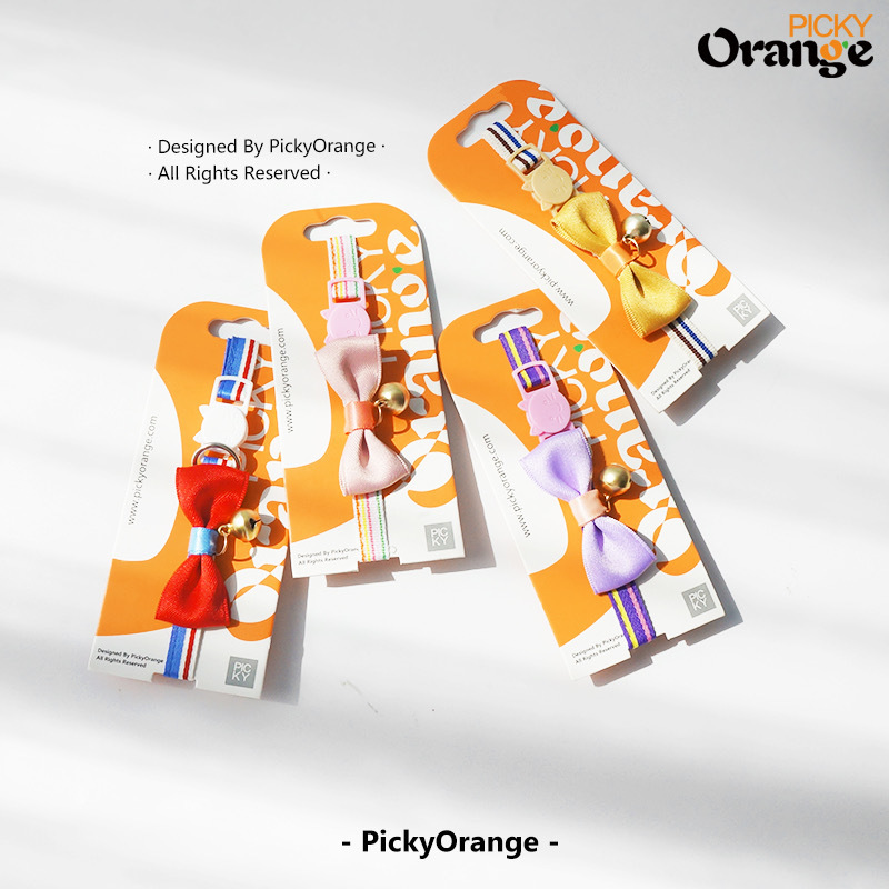 Picky Orange フレンチリボン 猫首輪 猫用 首輪 子犬 鈴付き 調整可能 可愛い 軽量 ペット首輪 セーフティバックル付