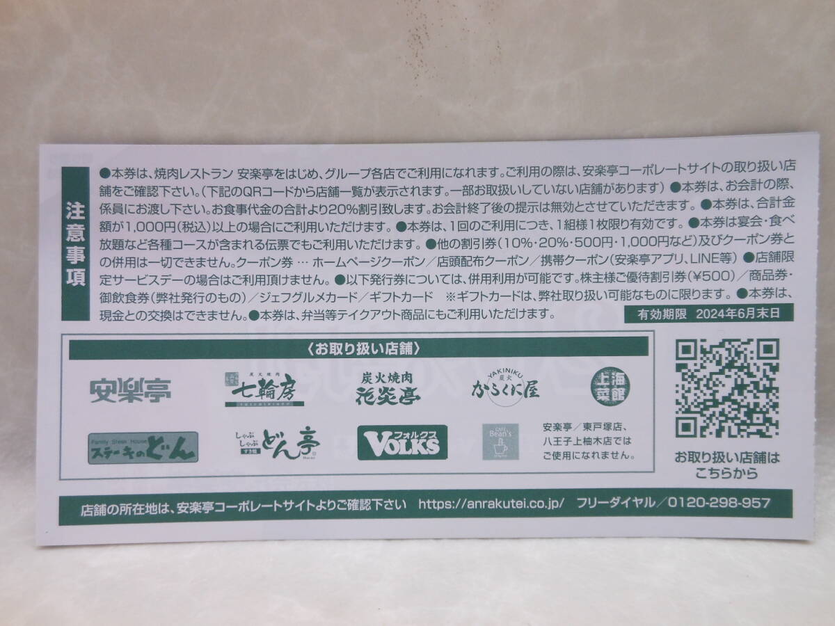 送料無料♪#28419 株式会社安楽亭 株主様特別　ご優待券 20％割引 6枚 2024年6月末日まで / VOLKS どん亭 七輪房_画像3