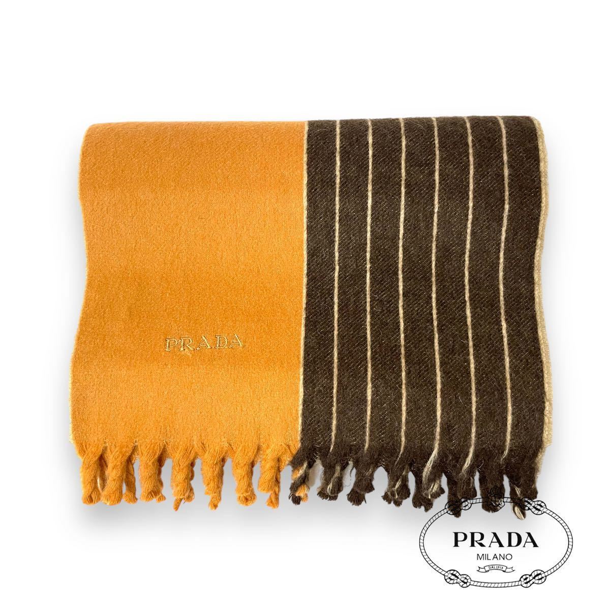 PRADA Cashmere Scarf プラダ カシミヤ100% ロゴ刺繍 オレンジ ブラウン ストライプ マフラー ショール イタリア製 正規品_画像1