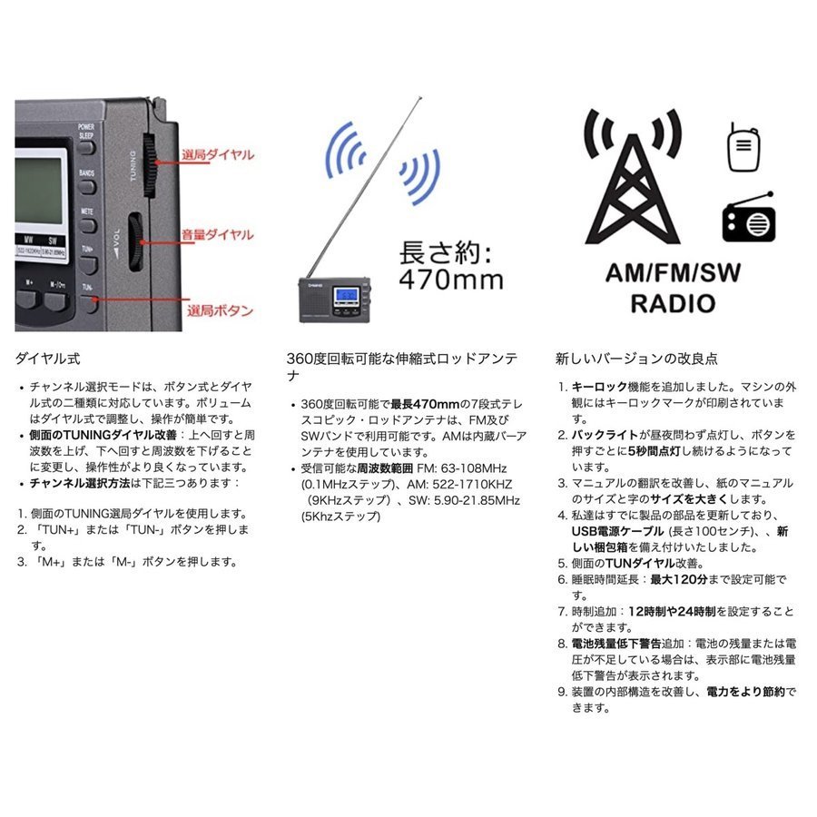 ラジオ 小型 携帯 ZHIWHIS ポータブルラジオ FM AM SW ワイドfm対応 2点セット 高感度クロック 電池式 グレー_画像10