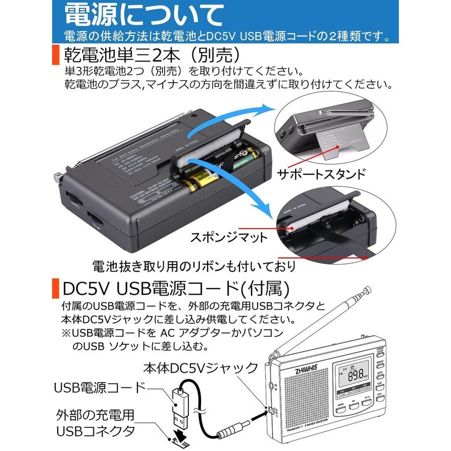 ラジオ 小型 携帯 ZHIWHIS ポータブルラジオ FM AM SW ワイドfm対応 2点セット 高感度クロック 電池式 グレー_画像4