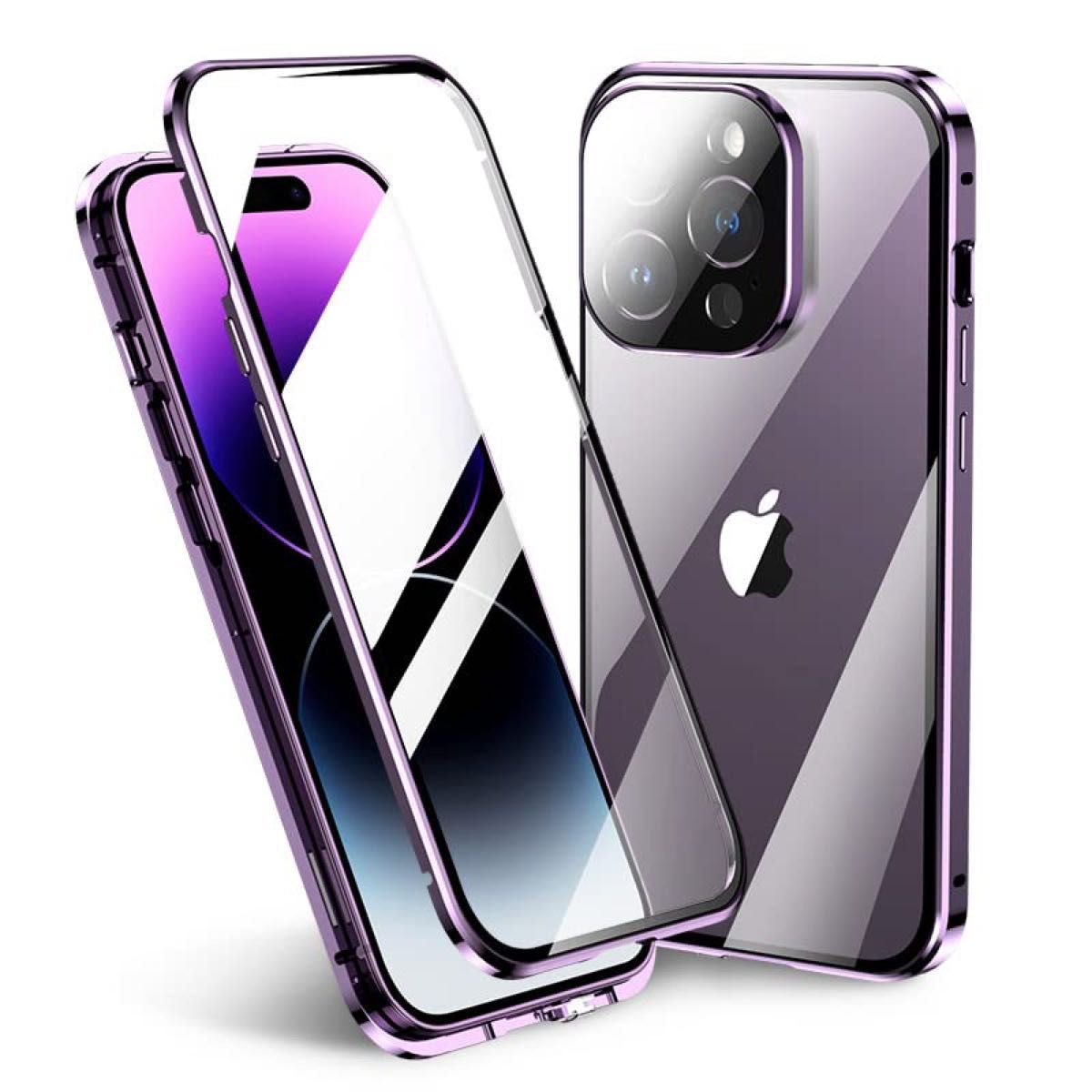iPhone14 Pro クリア 耐衝撃 フルカバー 全面カバー ケース カメラ保護フィルム アルミバンパー パープル 紫