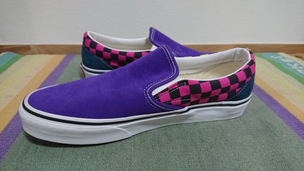 絶版 バンズ スリッポン us9.5 27.5cm VANS スエード × キャンバス チェッカー チェック パープル グリーン イエロー ピンク 751505の画像4