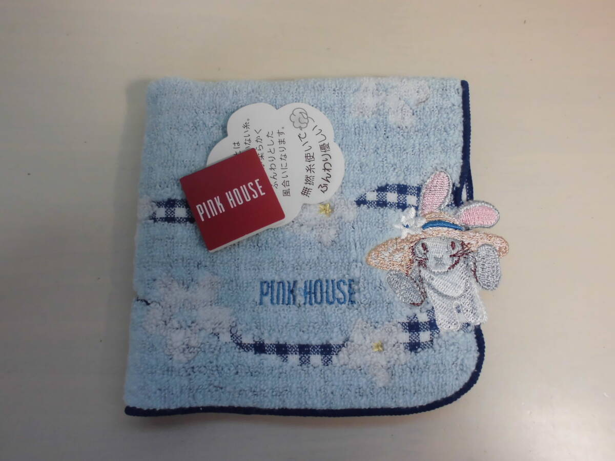 送料140円~ PINK HOUSE ピンクハウス タオルハンカチ 2枚セット ロゴ刺繍 いちご サクランボ リボン うさぎ 刺繍_画像2