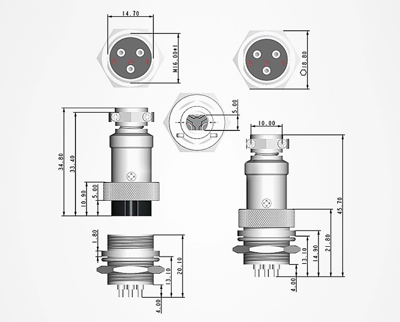 3 core /3 ultimate round connector / metal connector 16φ plug & Jack ( pedestal ) male female set 