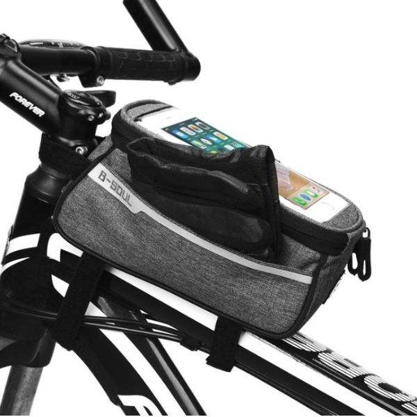 自転車トップチューブバッグ グレー フレームバッグ 6.2インチまで対応 大量収納 軽量 150g サイドに収納可能 サドルバッグ スマホ_画像3
