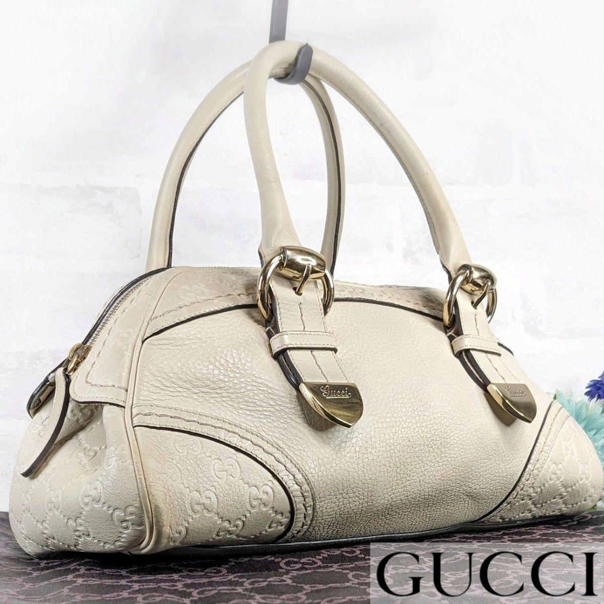 GUCCI　グッチ　トートバッグ　ハンドバッグ　シマライン　ゴールド金具 レザー ゴールド金具