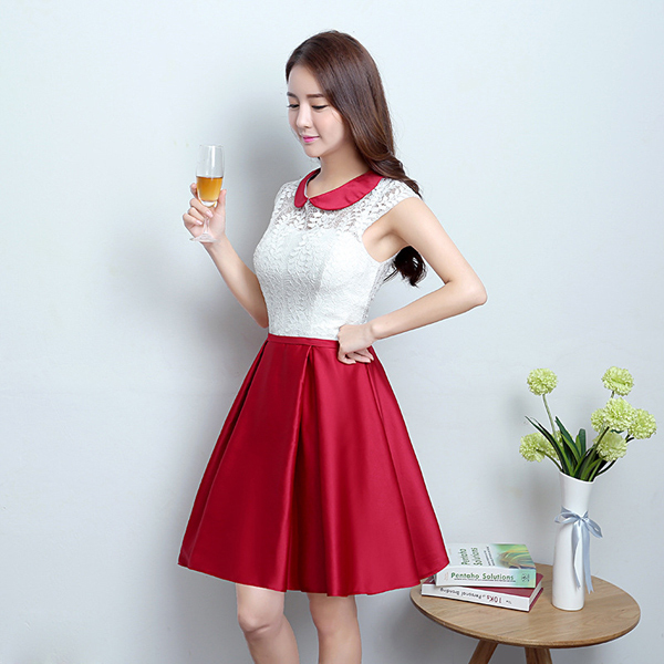 soL-YB1703 new goods unused party dress dress One-piece cut . change embroidery back .. Ribon North li collar pretty lady's knee height red × white M