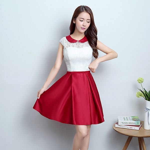 soL-YB1703 new goods unused party dress dress One-piece cut . change embroidery back .. Ribon North li collar pretty lady's knee height red × white M