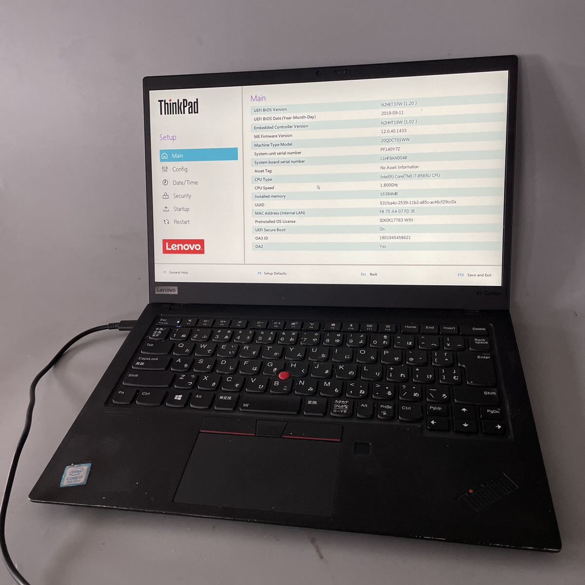 JXJK4064 【ジャンク】Lenovo ThinkPad X1 Carbon /Core i7-8565U 1.80GHz/ メモリ:16GB /動作未確認/BIOS確認済_画像1