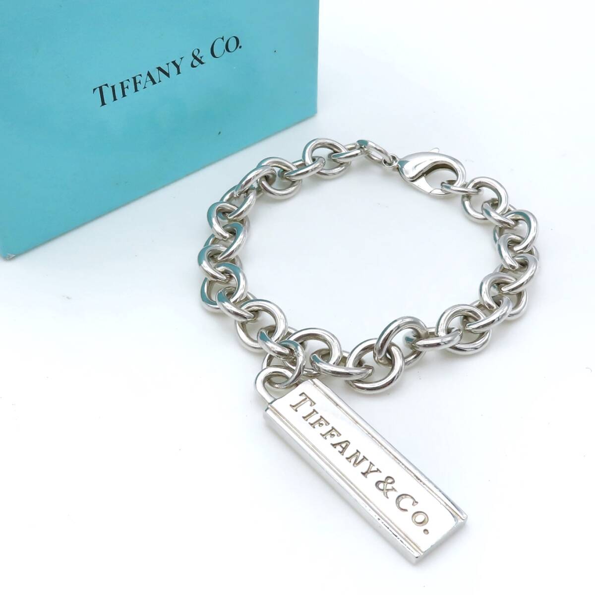 【送料無料】 極希少 Tiffany&Co. ヴィンテージ ティファニー ロゴ プレート シルバー ブレスレット SV925 ドーナツ チェーン HT47_画像3