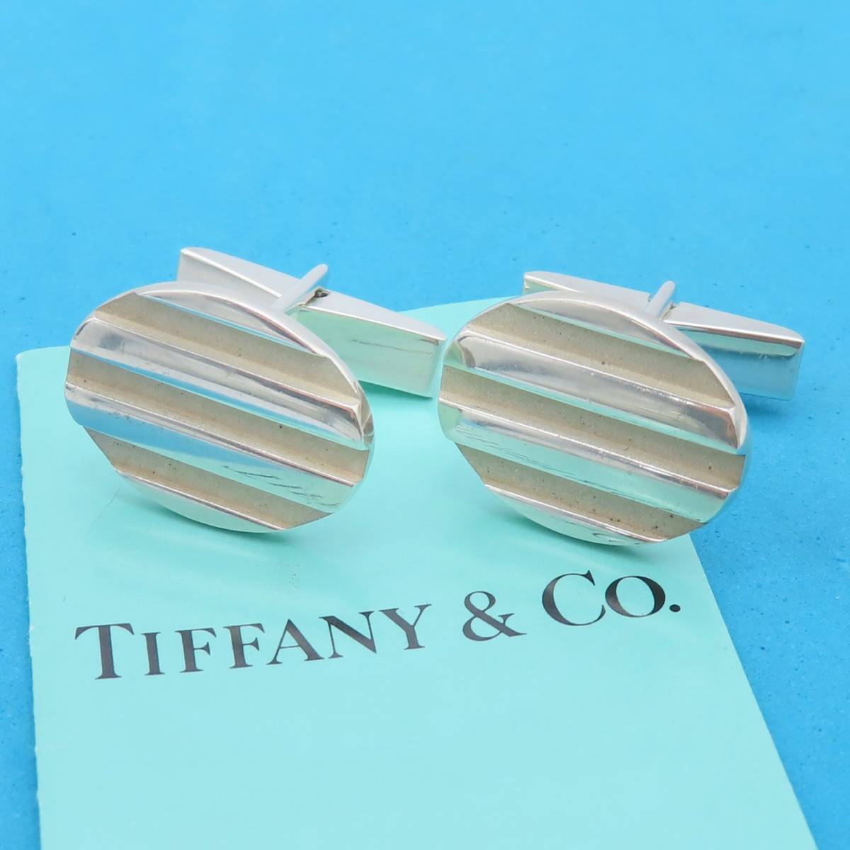 [ free shipping ] beautiful goods Tiffany&Co. Vintage Tiffany oval stripe silver cuffs links SV925 men's suit HD17