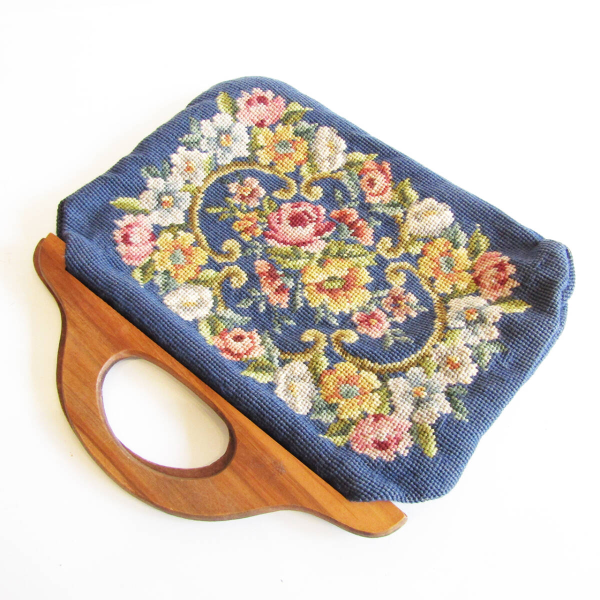 ★Vintage wooden handle flower design needlepoint handbag_画像7