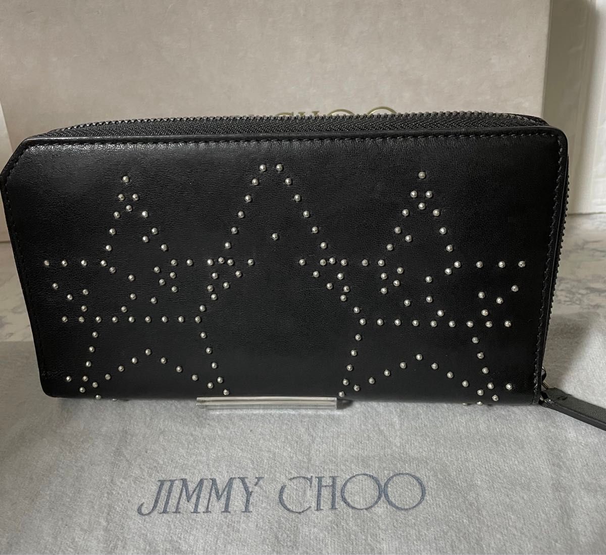 ジミーチュウ スタースタッズ付き ラウンドファスナー長財布 ジップアラウンドウォレット 黒 メンズ JIMMY CHOO