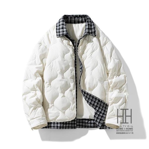 3XL ホワイト キルティングコート ダウンジャケット メンズ おしゃれ 白 襟付き 切り替え チェック 軽量 暖かい 防寒着 冬 ダウン