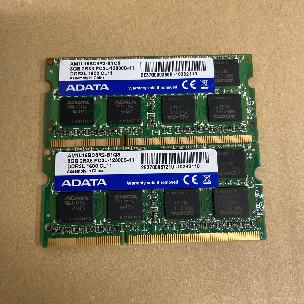 ソ64 ADATA ノートPCメモリ 8GB 2Rx8 PC3L-12800S 2枚_画像1