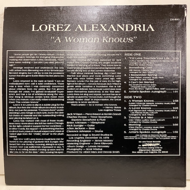 ●即決VOCAL LP Lorez Alexandria / A Woman Knows Ds-800 jv6152 米オリジナル ロレツ・アレキサンドリア_画像2