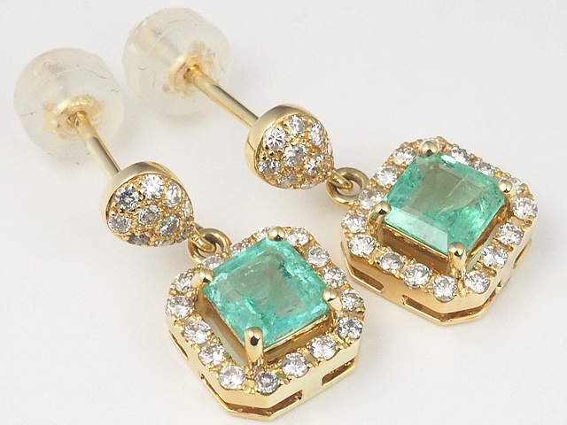音羽屋■ エメラルド/0.47ct 0.65ct ダイヤ/0.44ct K18YG イエローゴールド ピアス 鑑別カード付き 仕上済【中古】