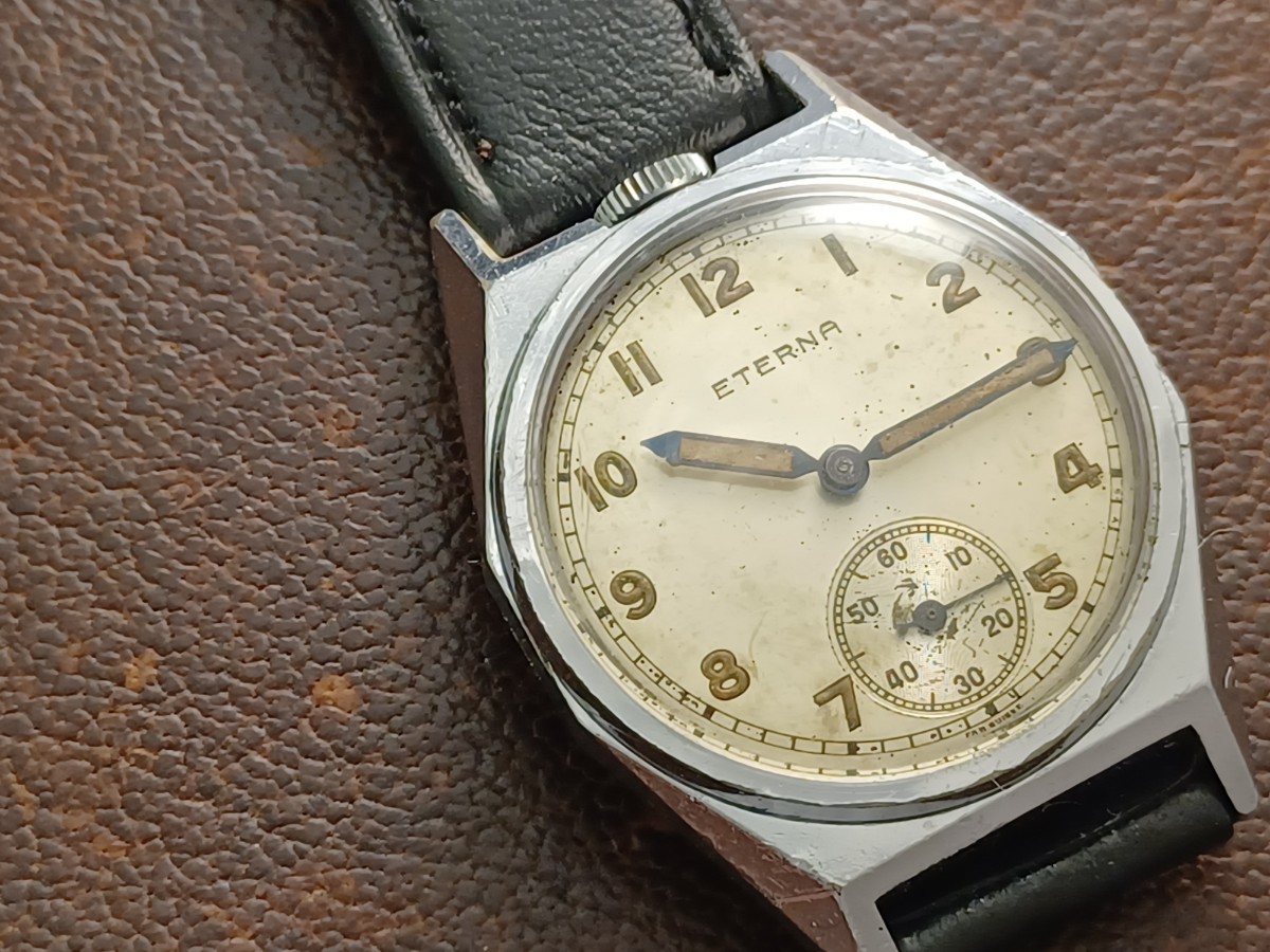 1930年代 ETERNA 貴重な12時クラウン手巻き時計！ オリジナル文字盤ミリタリー夜光スタイル！刻印入り初期型手巻きムーブ搭載！超稀少品！