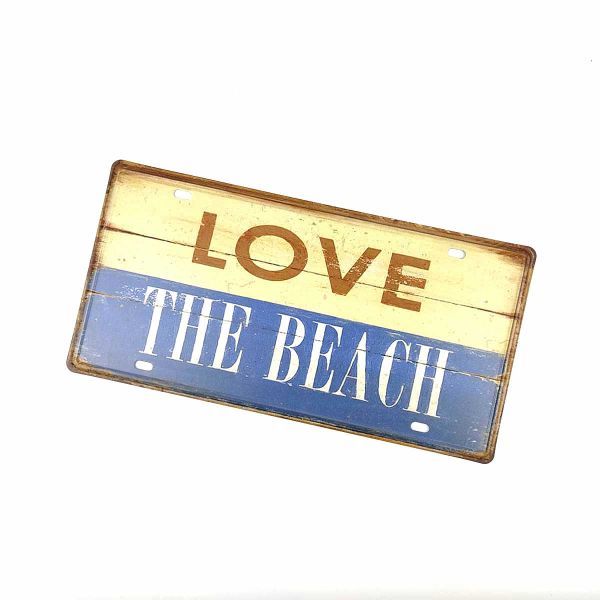 アメリカン風ブリキ看板ナンバープレート LOVE THE BEACH ビーチ 木目風_画像1
