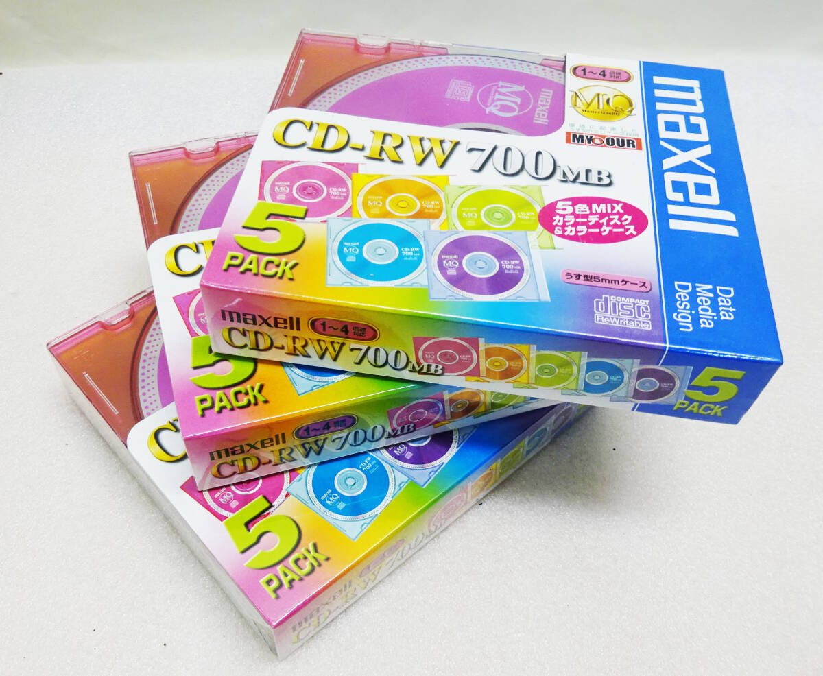 ◆ 新品 未開封 マクセル maxell データ用 CD-RW 700MB 4倍速対応 カラーMIX 5枚×3パック 15枚セット 5mmケース ◆_画像1