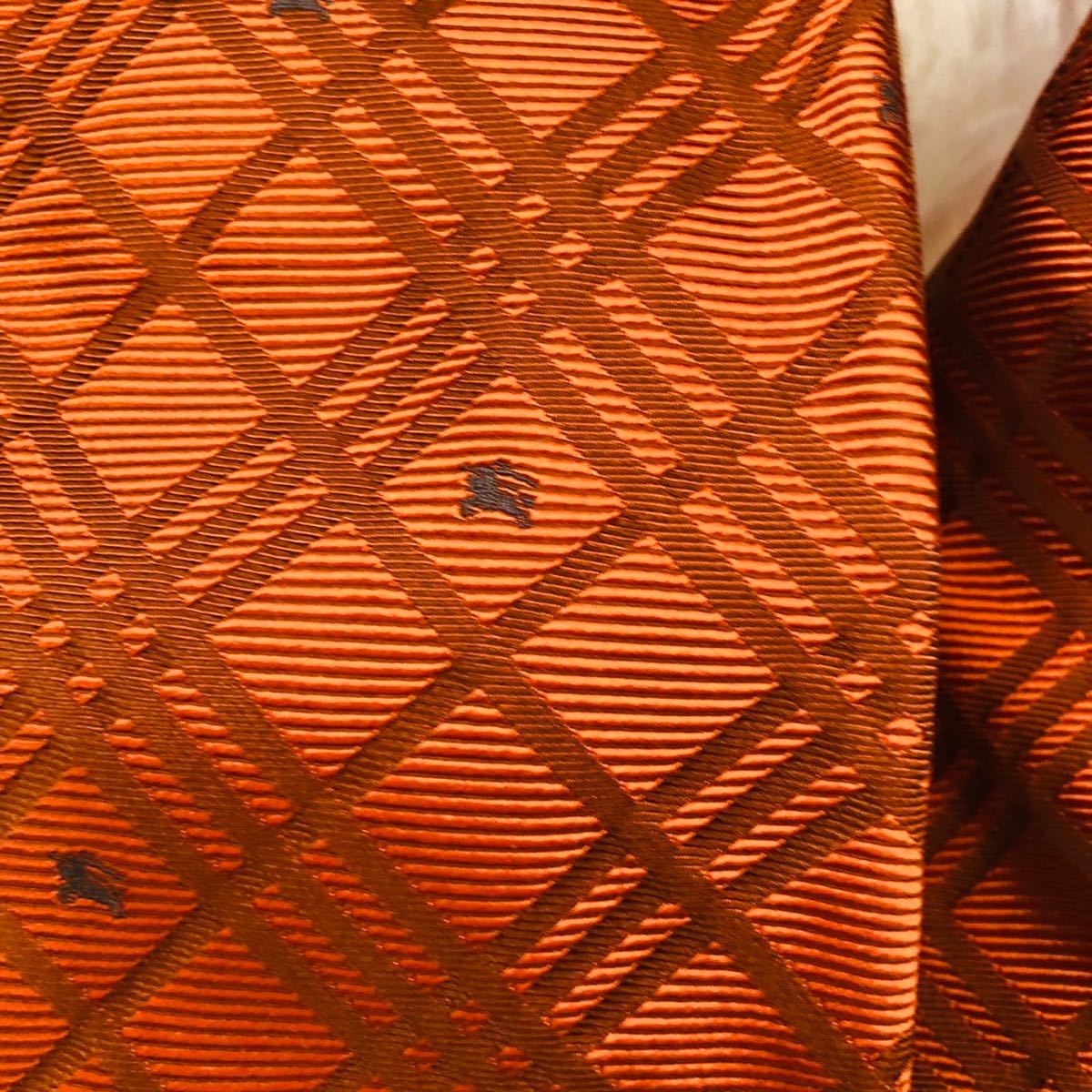 BURBERRY LONDON バーバリー ロンドン メンズ 紳士 ネクタイオレンジ 橙 総柄 プレゼント ホースロゴ刺繍 ビジネス 結婚式 剣先9.5cm_画像4