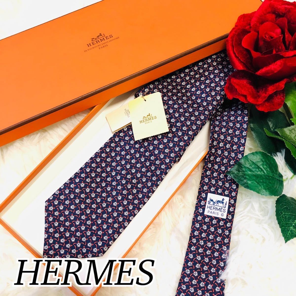 HERMES エルメス メンズ 男性 紳士 ネクタイ ハイブランド 総柄 亀 カメ ネイビー 紺 ビジネス 結婚式 新品未使用 タグ付き 剣先7.8cm_画像1