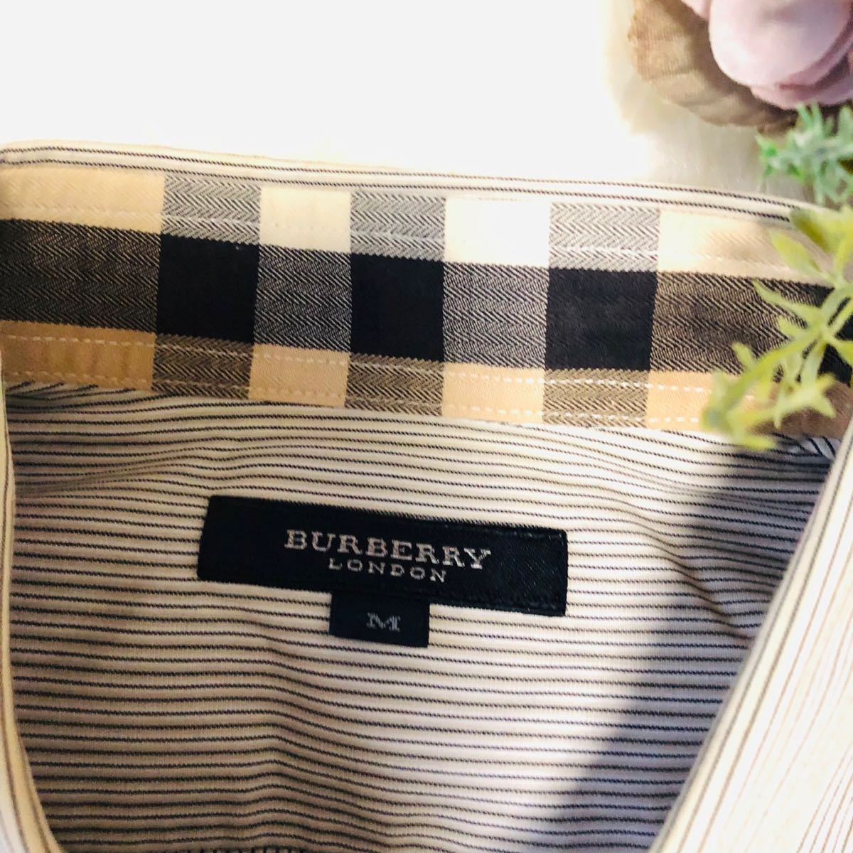 BURBERRY LONDON バーバリー ロンドン メンズ 男性 紳士服 半袖 シャツ ストライプ ホースロゴ チェック柄 グレー系 Mサイズ_画像5