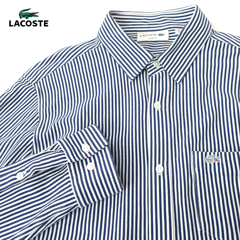 日本製 LACOSTE ロンドンストライプ 長袖シャツ 鹿の子ストレッチ ネイビー 銀ワニ 4_画像1