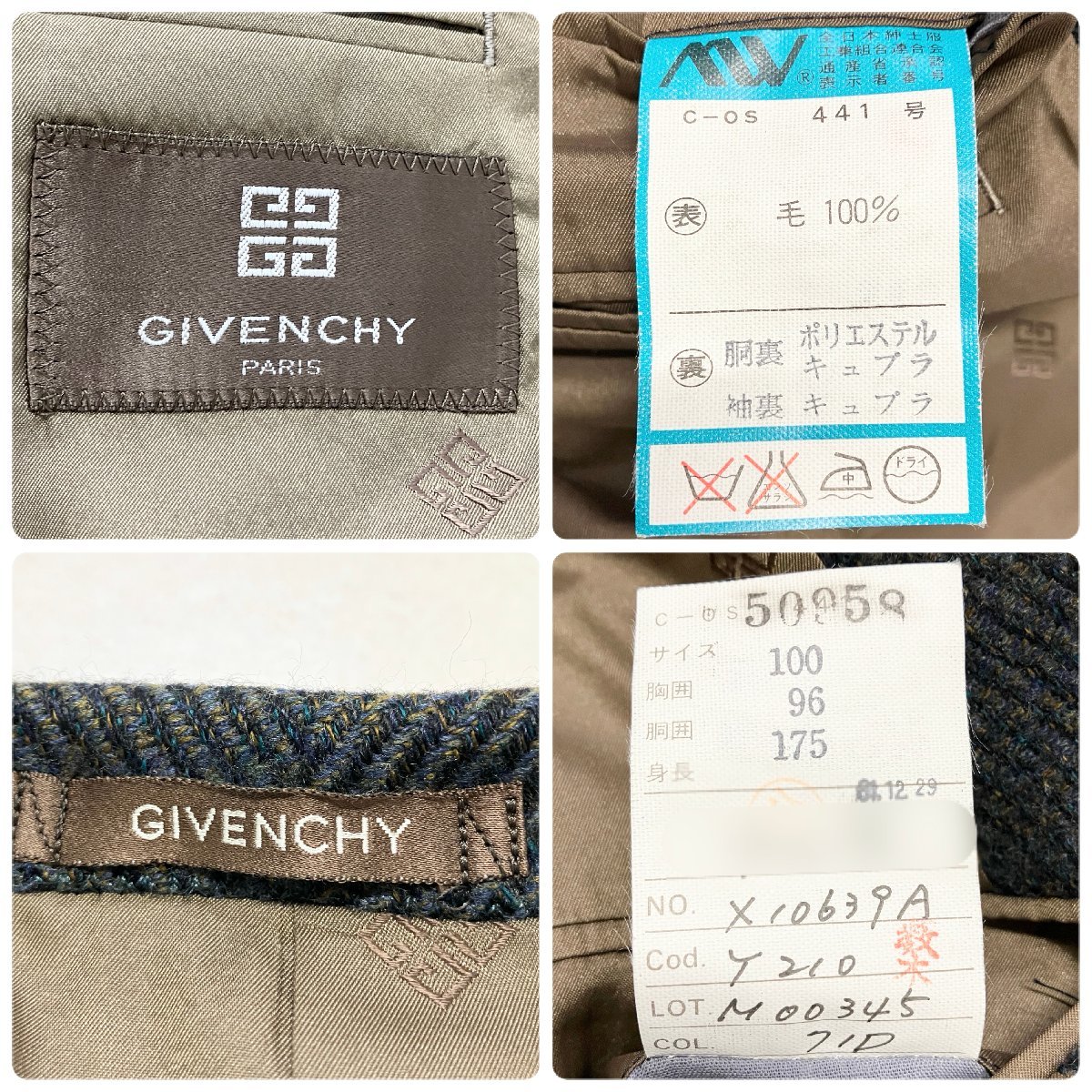 ●GIVENCHY ジバンシィ テーラードジャケット コート アウター シングル ヴィンテージ 毛100% グレー系 マルチカラー メンズ 1.03kg●_画像7