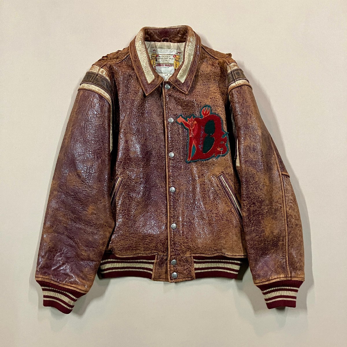 ★vintage Avirex Varsity Collegiate Wear Champs アヴィレックス ラム レザージャケット スタジャン 中綿 ブラウン サイズS メンズ 1.7_画像1