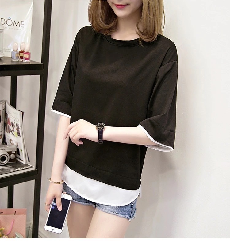  piling put on manner T-shirt black XL size easy tops stylish rough Korea fashion 