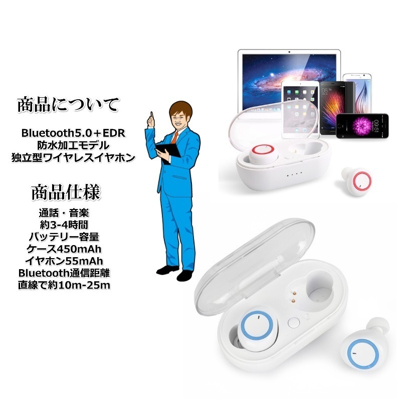 Y50イヤホン　ホワイト　Bluetooth5.0　最新 高音質 スポーツイヤホン 完全ワイヤレスイヤホン IPX7