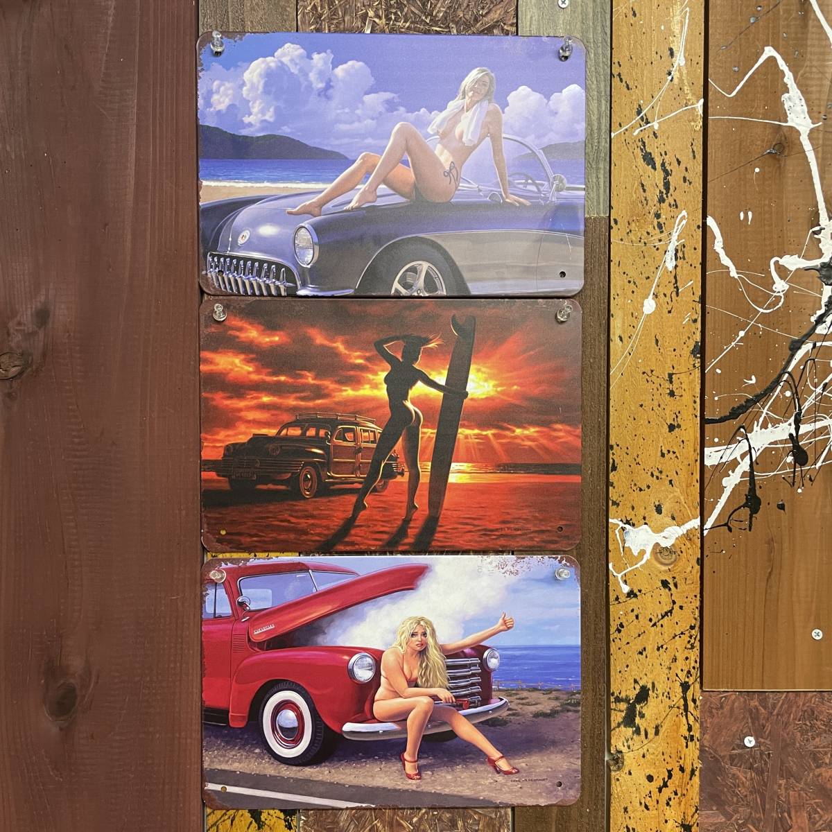 ブリキ看板 3枚 壁掛けプレート クラシックカー セクシーガール ガレージ 車庫 車屋 金属パネル 壁飾り アメリカ雑貨 レトロ アンティーク