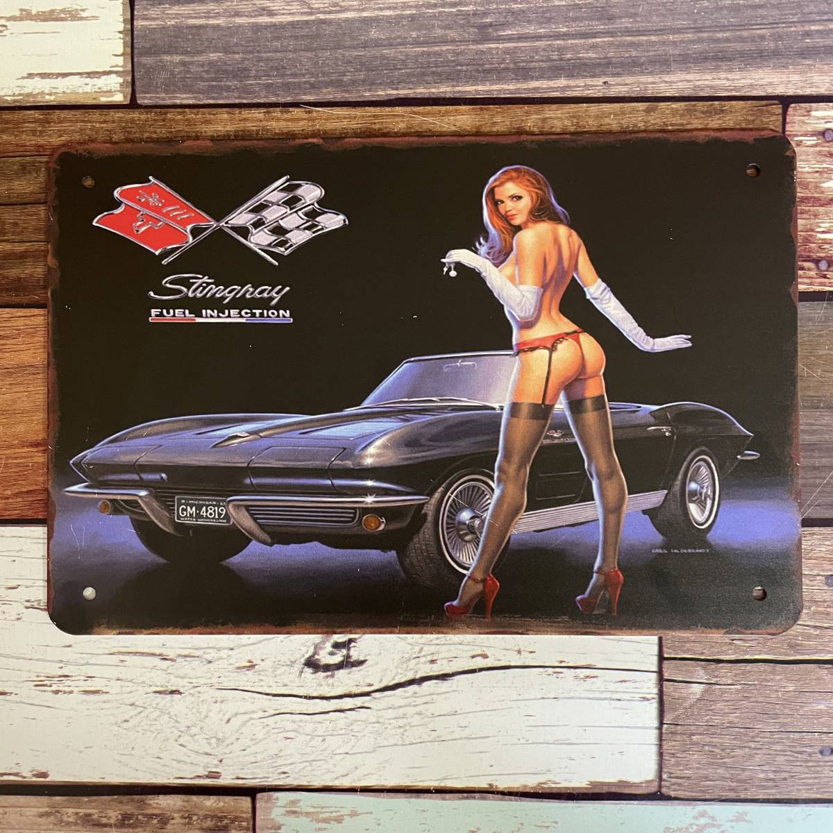 壁掛けプレート ブリキ看板 コルベットスティングレー Corvette クラシックカー アンティーク レトロ 金属パネル 壁飾り インテリア雑貨