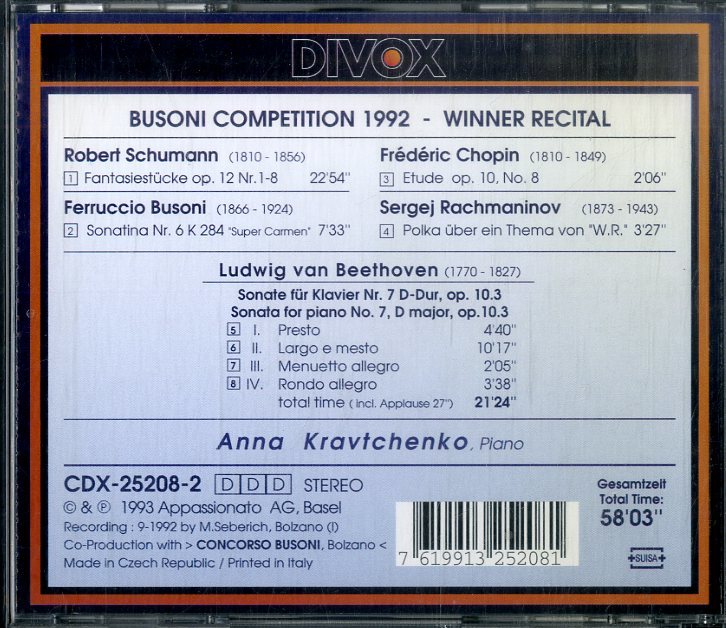 D00138942/CD/アンナ・クラフチェンコ(Pf)「Winner Recital Busoni Piano Competition 1992 (1993年・CDX-25208-2)」_画像2