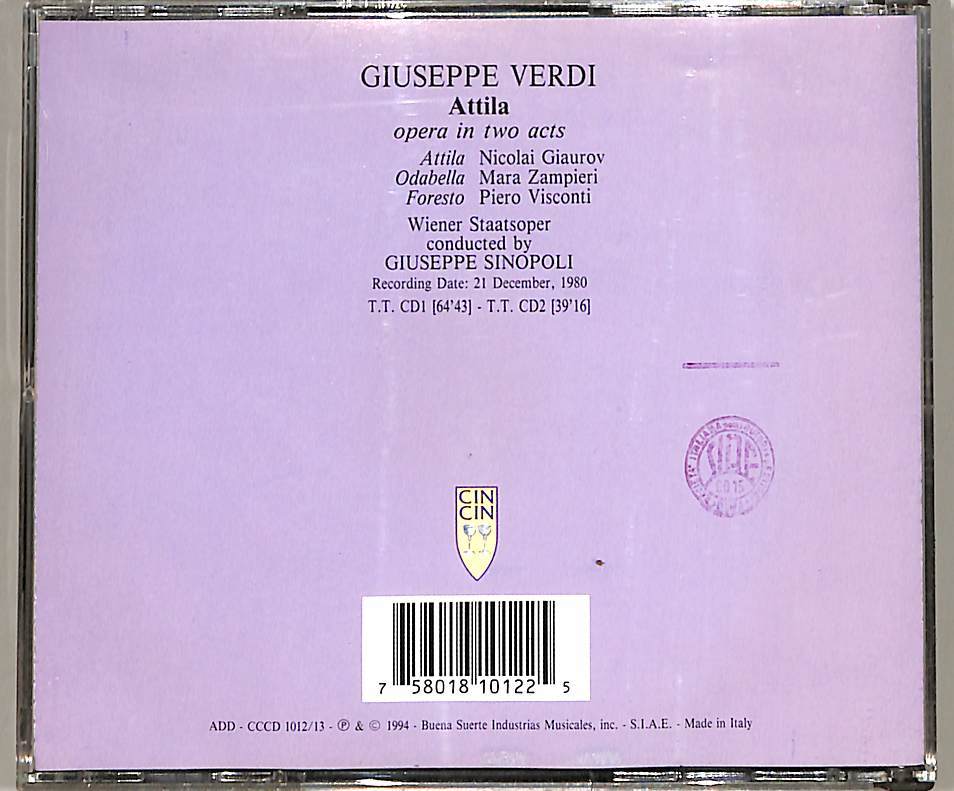 D00144747/▲▲CD2枚組/Giuseppe Sinopoli「Verdi / Attila」_画像2