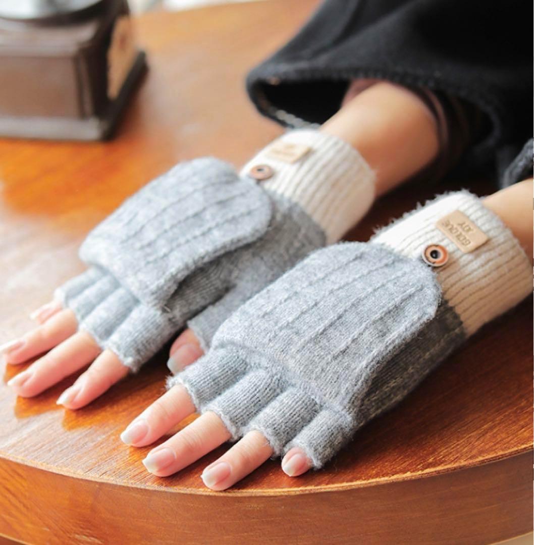新品未使用 女性用手袋 ニット ミトン フィンガーレス グローブ 暖かい グレー_画像3