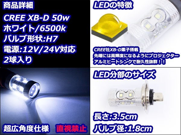 ハイブリッド車対応 12V/24V CREE社XB-D 50W H7 LEDバルブ ホワイト/白 6500k 【2球】 LEDフォグ フォグランプ ヘッドライト_led-034-2-s