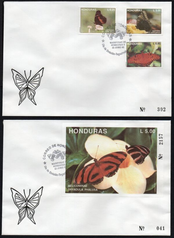 FDC J108 ホンジュラス 昆虫 蝶 3V完+SS1完貼り(2通組) 1992年発行 初日カバー_画像1