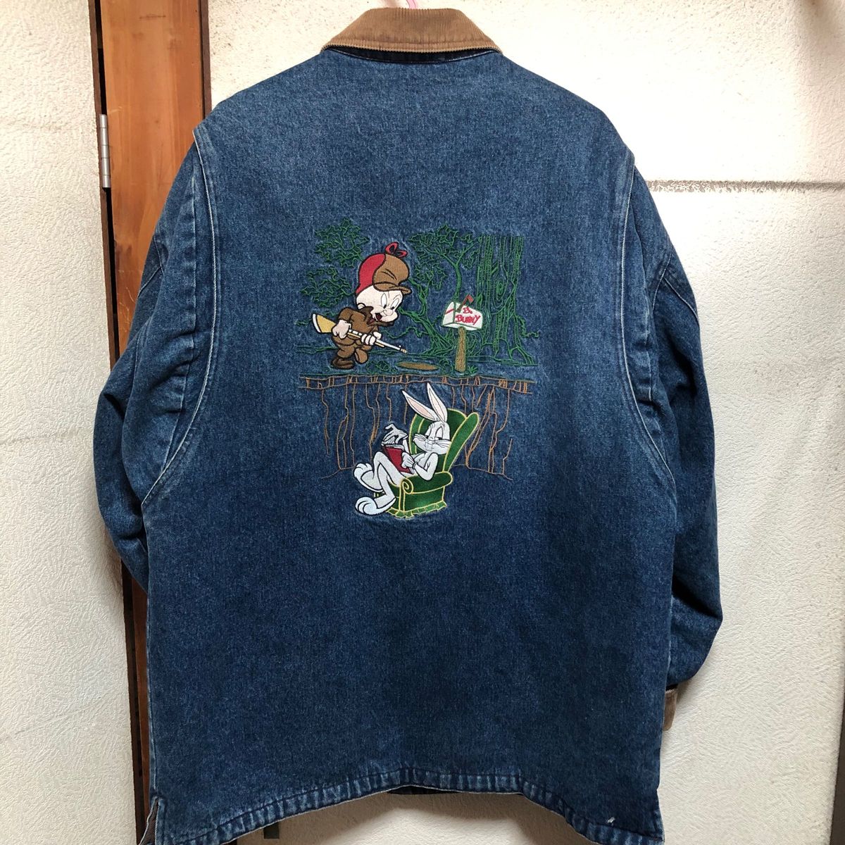 90s ルーニーテューンズ 刺繍 デニム カバーオール 襟コーデュロイ L デニムジャケット Gジャン バッグスバニー エルマー 