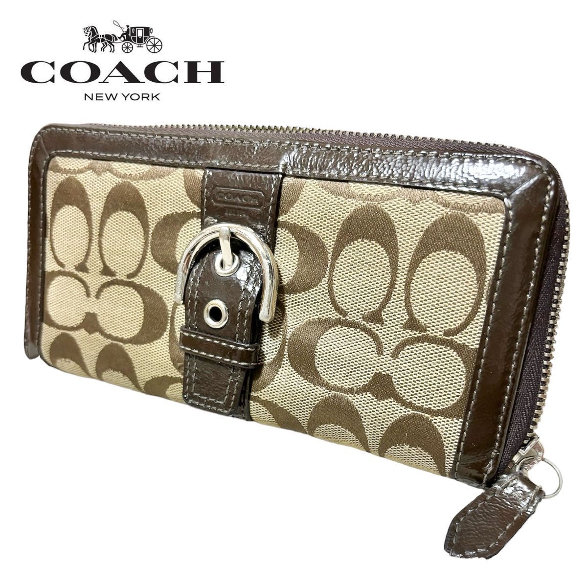 【良品】COACH 長財布 シグネチャー キャンバス レザー ソーホー ブラウン ラウンドファスナー長財布